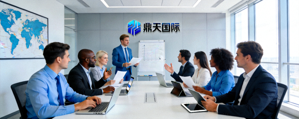 鼎天国际团队工作场景 - 多元文化团队在现代化办公室协作